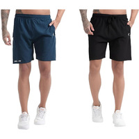 Blue Star Shark Athletic Sports Shorts For Men With Zip Pockets And Elastic Waistband Quick Dry Lightweight Activewear Combo - Pack Of 2 (Color: Airforce And Black, Size:M)