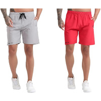 Blue Star Shark Athletic Sports Shorts For Men With Zip Pockets And Elastic Waistband Quick Dry Lightweight Activewear Combo - Pack Of 2 (Color: Grey And Red, Size:L)