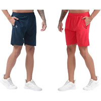 Blue Star Shark Athletic Sports Shorts For Men With Zip Pockets And Elastic Waistband Quick Dry Lightweight Activewear Combo - Pack Of 2 (Color: Airforce And Red, Size:Xl)
