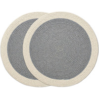 Encasa Xo Dining Table Mats Set Of 2 | Cotton Round Placemat - 33 Cm Diameter | Light Grey & Off White | Handmade Rib Style