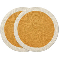Encasa Xo Dining Table Mats Set Of 2 | Cotton Round Placemat - 33 Cm Diameter | Yellow & Off White | Handmade Rib Style