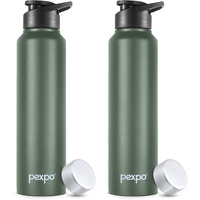 Pexpo Chromo Stainless Steel Sports/Fridge Water Bottle With Sipper & Steel Cap, 1 Litre, Military Green Pack Of 2| Bpa Free | Water Bottle For Office, Gym, School, Yoga, Trekking, Adults & Kids