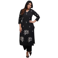 Royal Export Women's Viscose Floral Embroidered Straight Kurta Set With Pant (Rx72 Blackctn-Kp_S)
