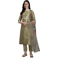 Vredevogel Women's Silk Blend Embroidered Straight Kurta Pant Set With Organza Dupatta (Pista_Small)