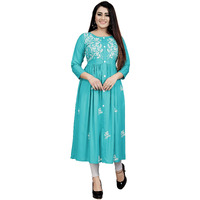 Krazzykudy Women's Rayon Cotton Embroidered Flared Regular Fit Kurtis (Light Blue,Small)