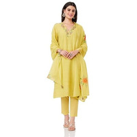 Amazon Brand - Myx Women's Embroidered Cotton Kurta Pant Set With Dupatta (Ss25-Myx-Shu-Ks-06_Pastel Yellow_Xs)