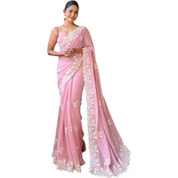 Akhilam Women's Pink Georgette Embroidered Saree With Blouse Piece (Kesari5705_Kr)
