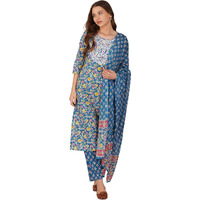 Amayra Women's Cotton Embroidered Straight Kurta With Pant And Dupatta Set(Tck551,Blue,S)