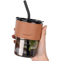 Kikiluxxa Glass Tumbler Mug With Lid,Glass Straw&Protective Anti-Skid Leather Sleeve For Hot&Cold Beverages Tea Coffee Smoothies Fruit Juice Travel Mug-435Ml(Grey Leather 1)435 Milliliter