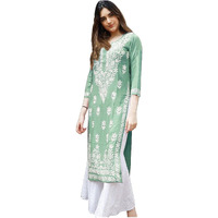 Gosriki Women's Rayon Blend Straight Chikankari Embroidered Kurta (Victoria Green-Gs_L_White_Large)