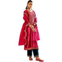 Indo Era Women's Pink Velvet Embroidered Straight Kurta & Pant With Dupatta Set (Ieout6671_X-Small)