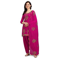 Ethnicjunction Women's Chanderi Cotton Embroidered Unstitched Salwar Suit Dress Material With Pompom Lace Work (Dark Pink)
