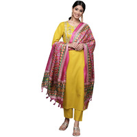 Amayra Women's Embroidered Cotton Straight Kurta With Pant And Dupatta Set(Yellow,L)