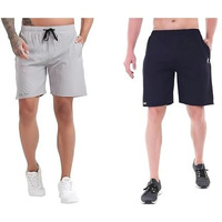 Blue Star Shark Athletic Sports Shorts For Men With Zip Pockets And Elastic Waistband Quick Dry Lightweight Activewear Combo - Pack Of 2 (Color: Grey And Blue, Size:Xl)