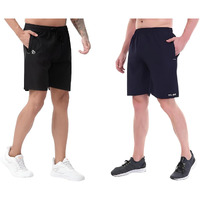 Blue Star Shark Athletic Sports Shorts For Men With Zip Pockets And Elastic Waistband Quick Dry Lightweight Activewear Combo - Pack Of 2 (Color: Black And Blue, Size:M)