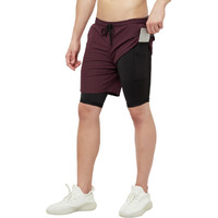 Truerevo MenS 2 In 1 Running Shorts With Phone Pocket | Lightweight Quick-Dry Running Shorts | Double Layer | Athletic | Running, Training, Cricket, & Sports Maroon Black