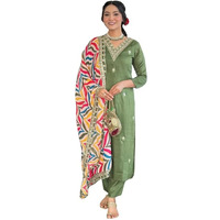 Naixa Women's Pista Viscose Embroidered Straight Kurta With Viscose Pant And Silk Blend Printed Dupatta Sets (Nx-467-Pista-S)