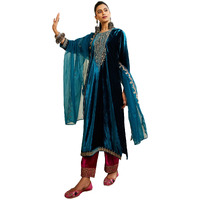 Indo Era Women's Blue Velvet Embroidered Straight Kurta And Pant With Dupatta Set (Ieout6672_Small)