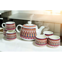 Craf10 Color Bliss Ceramic Tea Set - 1 Kettle (900 Ml) & 6 Cups (180 Ml), Elegant, Microwave & Dishwasher Safe