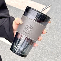Kikiluxxa Reusable Glass Tumbler With Leather Grip Airtight Pack Of 1,Multipurpose Drinking Coffee Sipper Mug With Lid And Straw For Juice Water Smoothies Cocktail Home & Travel Bottle - 400 Ml