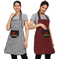 Jmi Cotton Checkered Design Waterproof Apron With Multipurpose Front Large Embroidered Pocket Pack Of 2 (Black & Red)