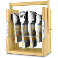 Parage 25 Pieces Stainless Steel Moonpress Cutlery Set With Wooden Hanging Stand For Dining Table (Contains: 6 Tea Spoons, 6 Table Spoons, 6 Table Forks, 6 Dinner Spoon), 24K Golden Plated Spoon Set