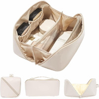 Jd Fresh Wide Opening Leather Makeup Organizer Bag/Large Capacity Cosmetic Pouch With Partition & Carry Strap/Portable Toiletry & Vanity Bag For Women/Travel Makeup Bag(White)