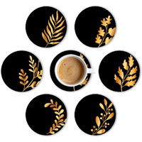 Brizberry Premium Round Black Leaf Beautiful Wooden Coasters, Diwali Gift, Fit For Tea Cups, Coffee Mugs And Glasses 4 8 12 (3.5X3.5 Inch) (Design 12 (Set Of 6))