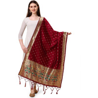 Devangi Women's Woven Paithani Banarasi Silk Dupatta/Chunni For Women, Animal Print 1 Meter Wide And 2.3 Meter Length Printed Designer Dupatta/Chunni For Girls (Maroon)