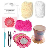 Picknmake 6 Pcs Floral Crochet Lace Bloom Diy Coaster Kit, Crochet Kit For Beginners, Crochet Yarn Full Kit, Multicolor Decorative Crochet Flower Tea Coasters Craft Kit With All Material Included