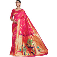 Ethnicjunction Women's Silk Blend Woven Paithani Saree With Blouse Piece, Pink