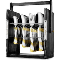 Parage 25 Pieces Stainless Steel Imperial Cutlery Set With Wooden Hanging Stand For Dining Table (Contains: 6 Tea Spoons, 6 Table Spoons, 6 Table Forks, 6 Dinner Spoon), 24K Golden Plated Spoon Set