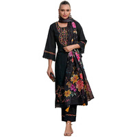 Indo Era Women's Black Embroidered Straight Kurta & Pant With Dupatta Set (Kh0Bk6229_X-Small)