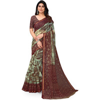 Mirchi Fashion Indian Traditional Cotton Blend Saree With Abstract Print | Contrast Pallu And Border | Golden Zari Detailing | Includes Matching Blouse Fabric | Festivals | Parties | Special Occasions