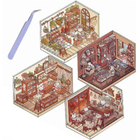 Hasthip 4 Pcs Diy 3D House Stickers With Tweezer, Cute Cartoon Scene Stickers, Fun Diy Stickers Scene Make Your Own Supermarket Coffee Shop Restaurant Bookstore For Adult Kids Relief Stress