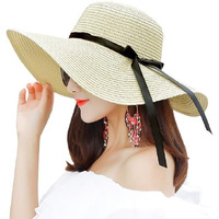 Clothera Summer Brim Floppy Straw Beach Hats For Women (Beige With Black Ribbon)