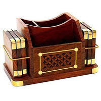 Woodiva Handmade Wooden 3 In 1 Tea Coaster Set Of 6 Handicraft With Brass Work With Pen Stand For Home/Office Decor