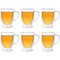 Femora Double Wall Coffee Mug 250Ml (8 Ounces), (Pack Of 6), Clear Glass With Handle, Insulated Cappuccino, Tea, Latte Cup - Heat Resistant