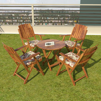 Vmdj Furniture Sheesham Wooden Brown Color With Printed Cushion Portable Foldable 4 Seater Chair With Table Set Outdoor Balcony Garden Coffee Table Set Furniture