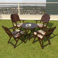 Vmdj Furniture Sheesham Wooden Portable Foldable Coffee Color 4 Seater Chair And Table Set With Printed Cushion Outdoor Balcony Garden Coffee Table Set Furniture