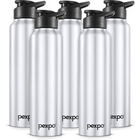 Pexpo Chromo Stainless Steel Sports/Fridge Sipper Water Bottle 1 Litre, Silver Pack Of 5 | Eco Friendly | Bpa Free | Water Bottle For Office, Gym, School, Yoga, Trekking, Men, Women And Kids