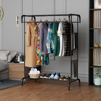 Lukzer Heavy Duty Metal Double Rod Clothing Rack With 2 Storage Racks | Multifunctional Garment Stand For Coats, Hats, And Accessories | Clothes Rail For Hallway/Living Room (Black/Mgs-004), Cm