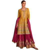 Miss Ethnik Chiffon Women's Golden Yellow And Pink Color Readymade Chinon Embroidered Kurta Palazzo Set With Embroidered Dupatta (Me-1136-Yellow-Xl)