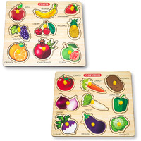 Bugbee Home Learning Preschool Early Educational Development Colorful Fruit And Vegetables Wooden Peg Puzzle Board Jigsaw Bundle Shape Toys And Games For Kids Age 2 3-7 Years Old Child 18 Pieces