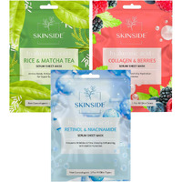 Skinside Serum Sheet Mask For Glowing Skin With Hyaluronic Acid | Face Mask Sheets Combo For | Hydrating | Tan & Blackheads Removal | Instant Brightening | Pore Reduction | Fairness | Skin Tightening (3, Rice & Matcha Tea | Collagen & Berries | Retinol & Niacinamide)
