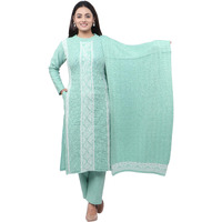 Pipasa Women's Embroidered Floral Kurta Sets Karachi Wool Kurta Palazzo And Stole - Warm Winter Wear, Full Sleeve, Mandarin Collar (Set Of 3 Piece) Kangna, Medium
