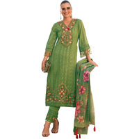 Indo Era Cotton Women's Green Embroidered Straight Kurta And Pant With Dupatta Set (Kh0Gn6230_Medium)