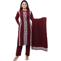 Pipasa Women's Embroidered Floral Kurta Sets Karachi Wool Kurta Palazzo And Stole - Warm Winter Wear, Full Sleeve, Mandarin Collar (Set Of 3 Piece) Kangna, Large
