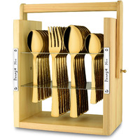 Parage 25 Pieces Stainless Steel Cutlery Set With Wooden Hanging Stand (Contains: 6 Tea Spoons, 6 Table Spoons, 6 Table Forks, 6 Dinner Spoon, Stylish Premium Pvd Gold Spoon Set, Hanging Shelves)