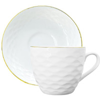 Femora Indian Ceramic Gold Line Wave Ripple Pattern White Tea Cups, Mugs And Saucer-200 Ml - Set Of 6 (6 Cups, 6 Saucer)
